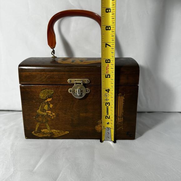 Vintage 60's Purse Wood Box Girl & Cat Handbag Brown Brass Closure Lucite Handle - Picture 16 of 16